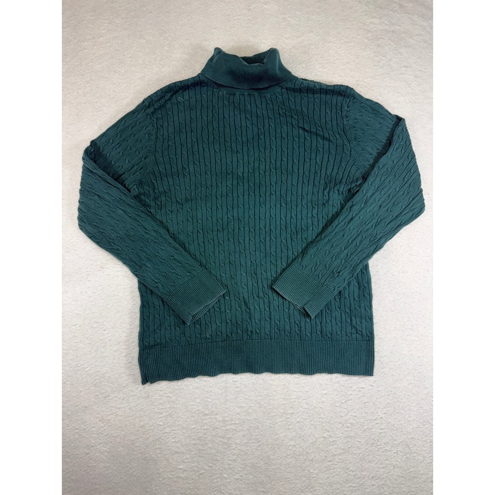 GH Bass Mens Turtleneck Sweater Large Teal Green Cable Knit 100% Cotton RN36543